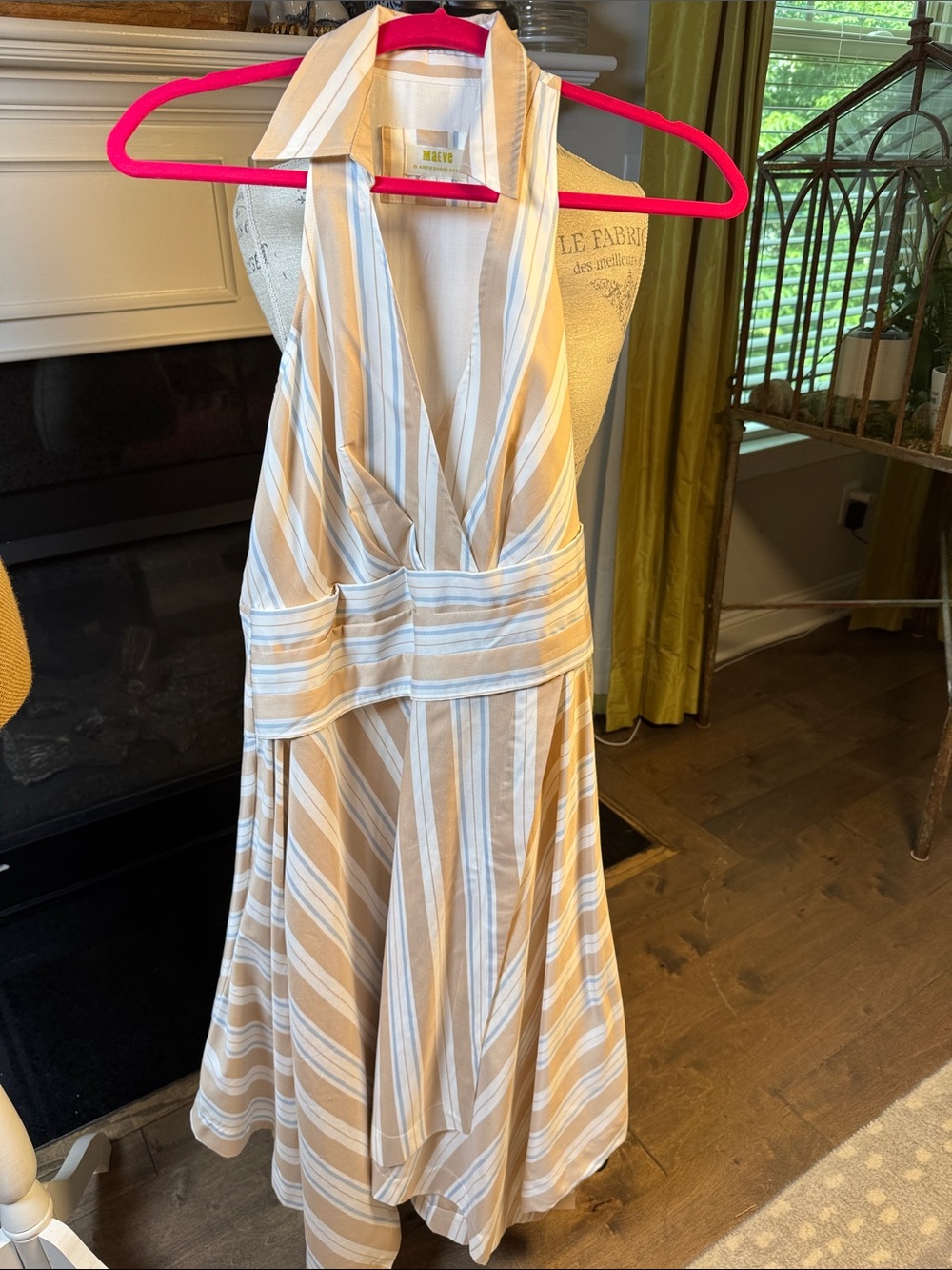 Anthropologie One-Shoulder Striped Midi Dress in Beige and White 4